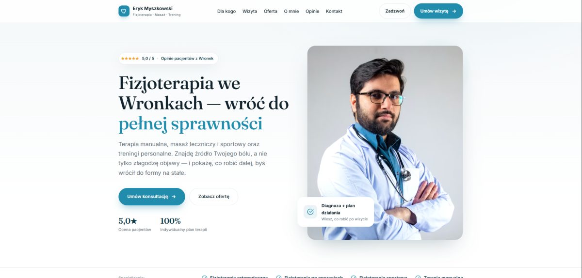 Strona gabinetu fizjoterapii Eryk Myszkowski, projekt w trakcie realizacji