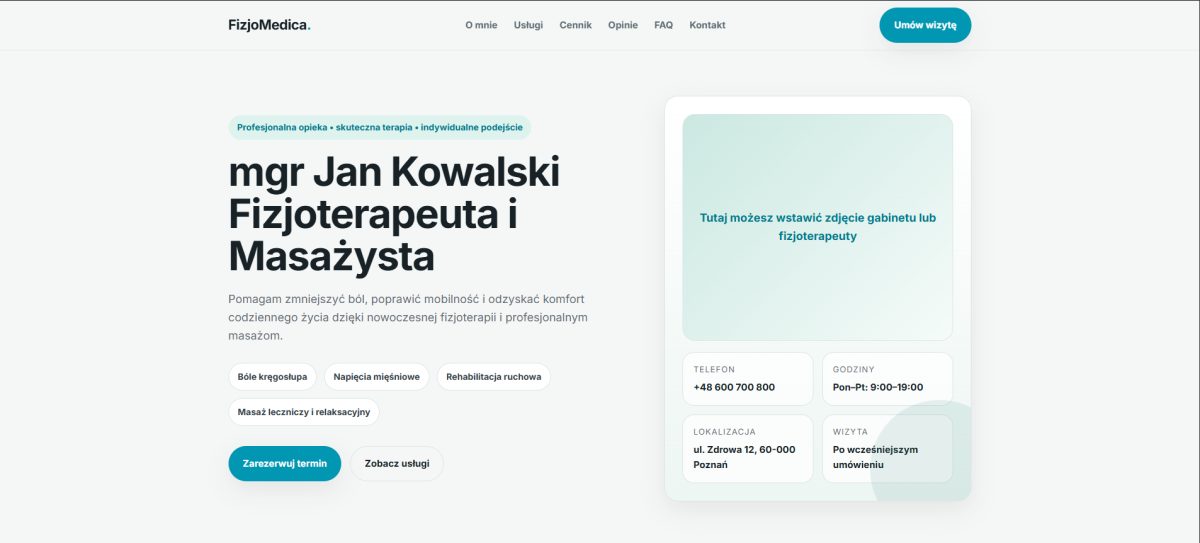 Projekt własny: strona gabinetu fizjoterapii i masażu FizjoMedica