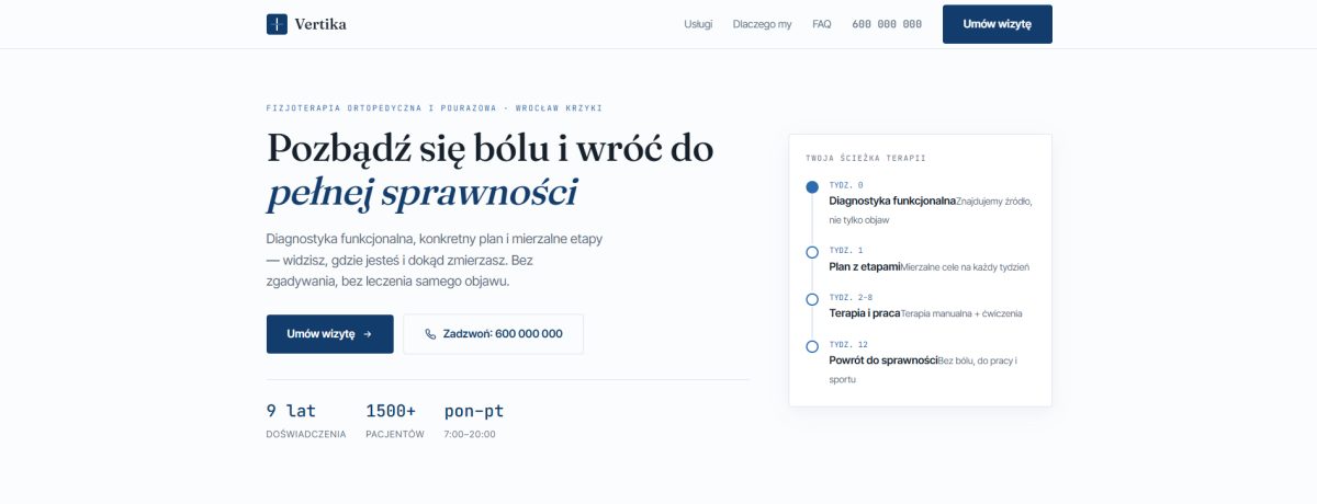 Projekt własny: strona gabinetu fizjoterapii ortopedycznej Vertika